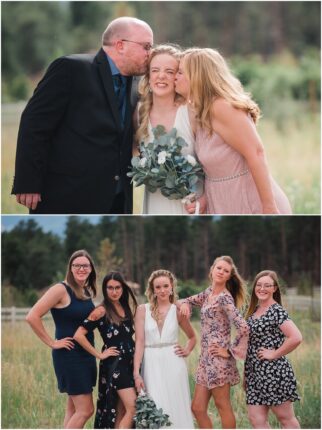 A recent bride is sandwiched by kisses from her parents; she poses with her sisters.
